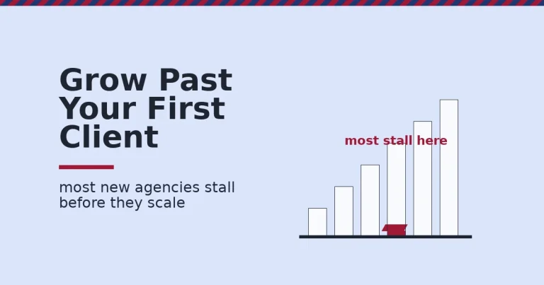 Digital marketing business shown as a bar chart with one crimson gap where most new agencies stall