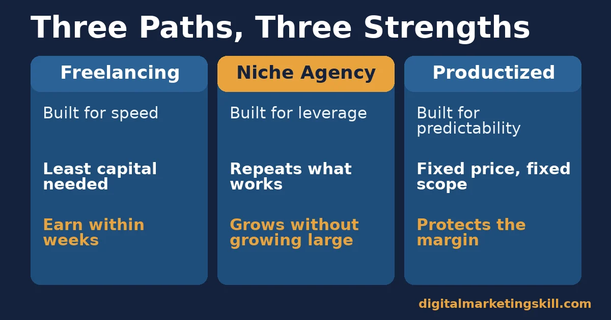Digital marketing business comparison of freelancing, niche agency and productized service paths and what each is built for