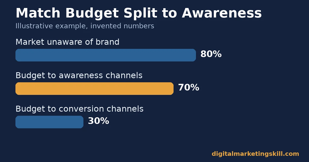 Digital marketing campaign illustrative budget split example showing 80% of the market unaware, 70% of budget to awareness and 30% to conversion
