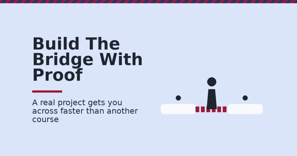 Digital marketing career change shown as two platforms connected by a crimson bridge of proof, with a figure crossing
