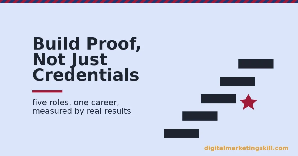 Illustration for a digital marketing career guide showing five steps rising toward a crimson star representing documented proof of results