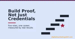 Illustration for a digital marketing career guide showing five steps rising toward a crimson star representing documented proof of results