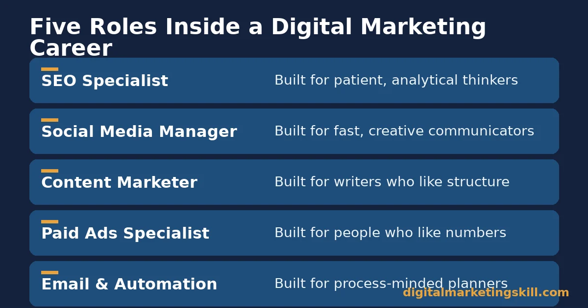 The five roles inside a digital marketing career Diagram listing five roles in a digital marketing career: SEO specialist, social media manager, content marketer, paid ads specialist and email and automation specialist, each with what it is built for