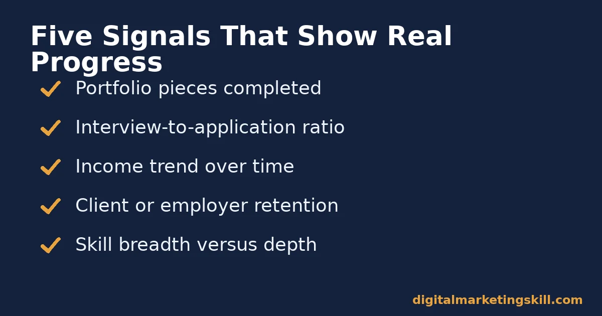 Five signals that show digital marketing career progress Checklist of five signals that show a digital marketing career is paying off: portfolio pieces completed, interview-to-application ratio, income trend, client or employer retention, and skill breadth versus depth