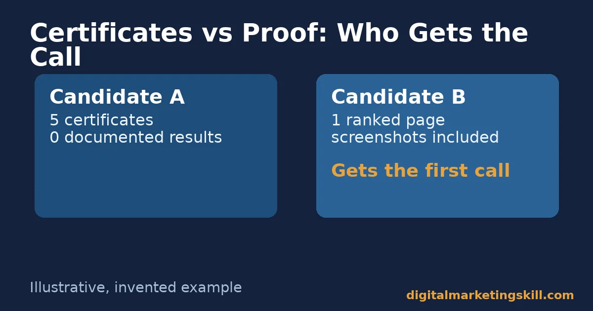 Proof beats certificates when starting a digital marketing career Illustrative, invented comparison for a digital marketing career showing Candidate A with five certificates and no results losing out to Candidate B with one documented ranked page