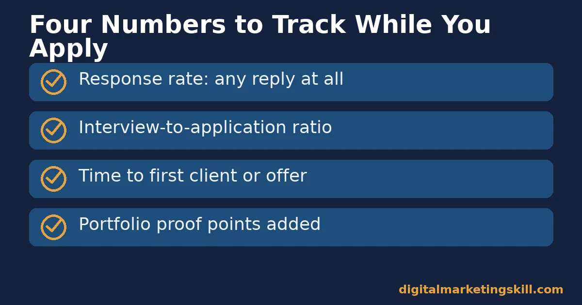 Checklist of four digital marketing career tips measures: response rate, interview-to-application ratio, time to first client, and portfolio proof points