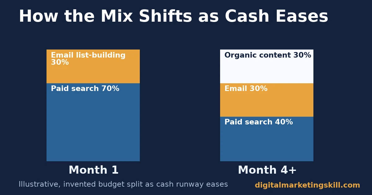 Digital marketing channels stacked bar chart showing an illustrative budget shifting from 70 percent paid search and 30 percent email in month one to a mix including organic content by month four