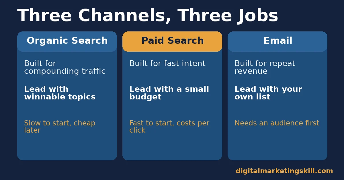 Digital marketing channels three-column comparison of organic search, paid search and email showing what each is built for and how to lead with it