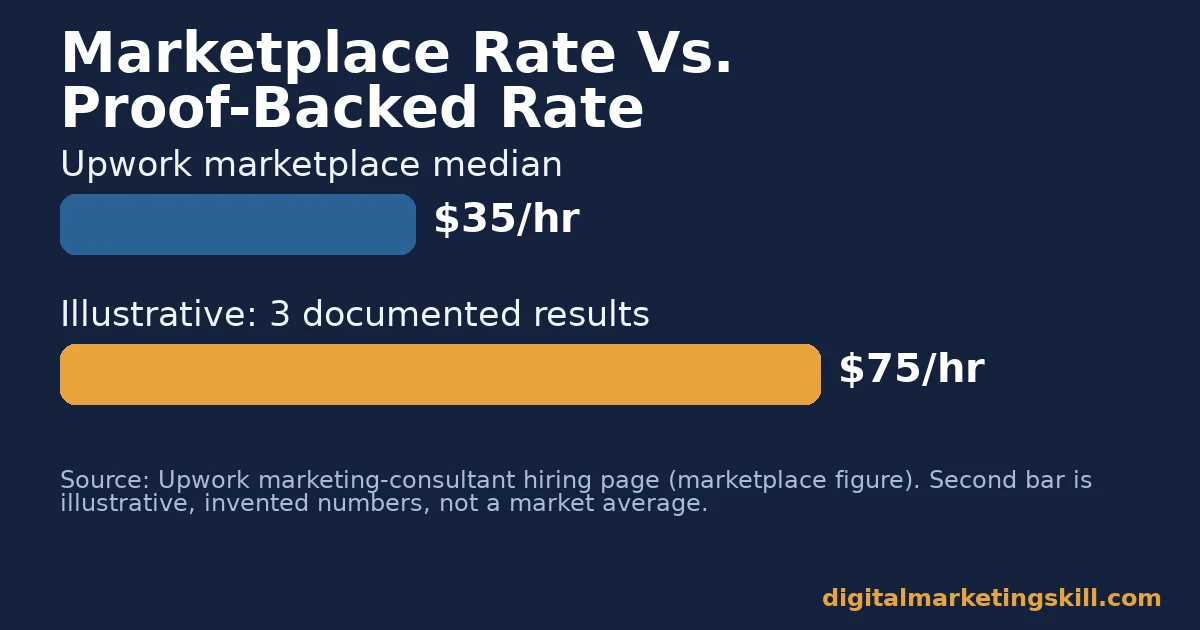 Digital marketing consultant chart comparing a $35 Upwork marketplace median rate with an illustrative $75 proof-backed rate