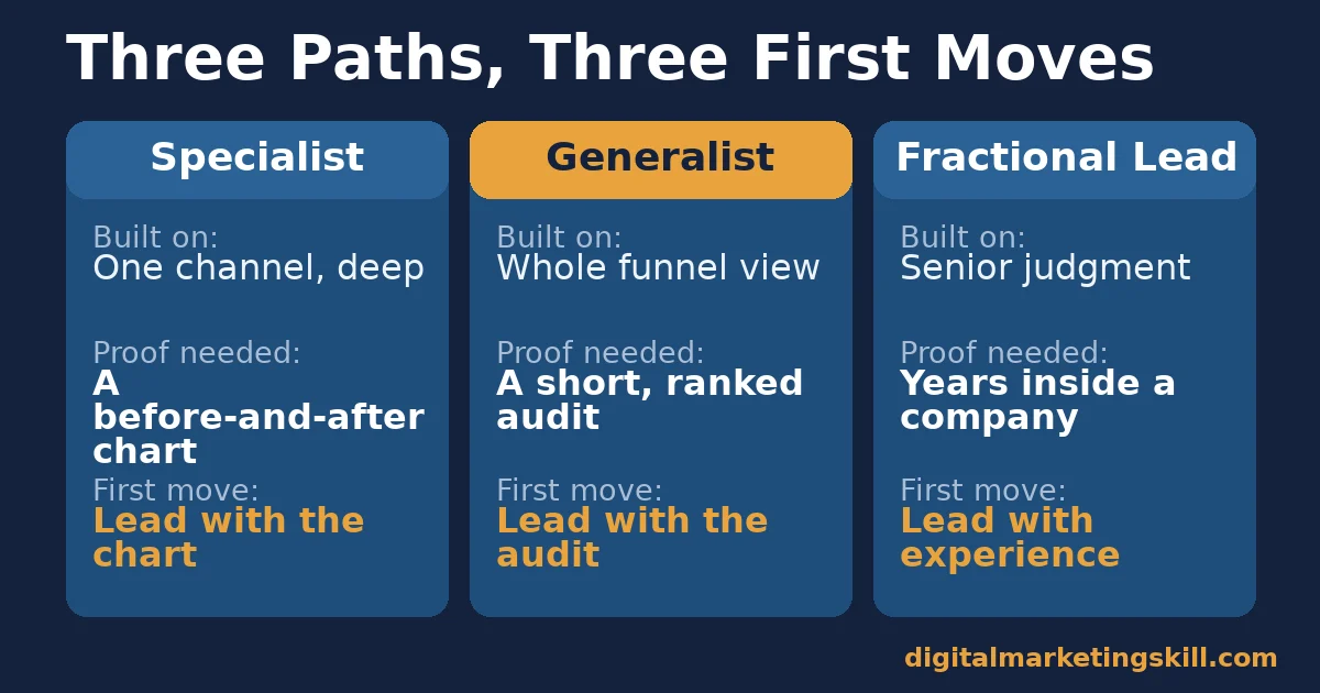 Digital marketing consultant comparison of specialist, generalist and fractional lead paths, each with what it is built on, the proof needed and the first move