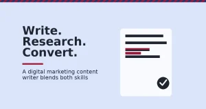 Digital marketing content writer shown as a page of writing with one red revision mark and a dark approval checkmark