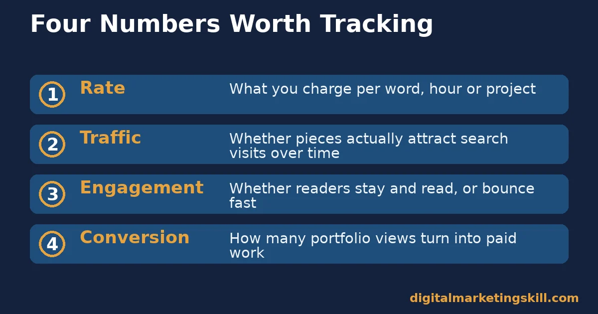 Digital marketing content writer: four numbers to track Digital marketing content writer checklist of four numbers to track: rate, traffic, engagement and conversion