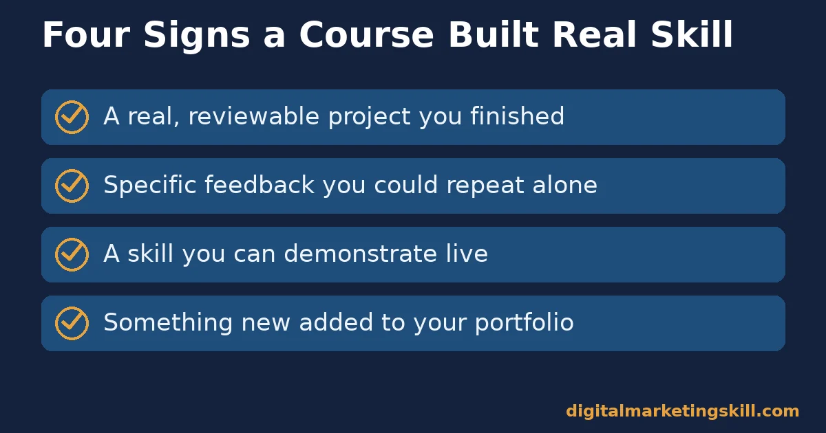 Digital marketing courses checklist with four signs that a course actually built real skill