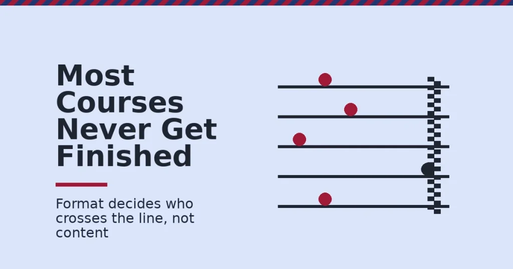 Digital marketing courses shown as a running track where most runners stop short of a checkered finish line