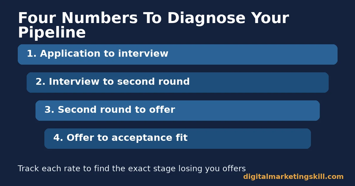 Four numbers to diagnose your interview pipeline Diagram of four pipeline metrics, application to interview, interview to second round, second round to offer, offer to acceptance fit, used to diagnose digital marketing interview mistakes