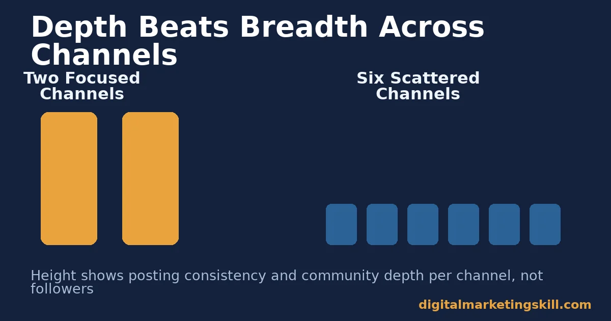 Digital marketing mistakes comparison showing two tall bars for two focused channels against six short bars for six scattered channels