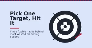 Digital marketing mistakes shown as a target with three arrows converging on the center and one crimson arrow flying wide of the target