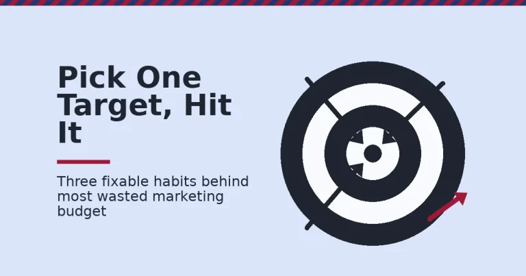 Digital marketing mistakes shown as a target with three arrows converging on the center and one crimson arrow flying wide of the target