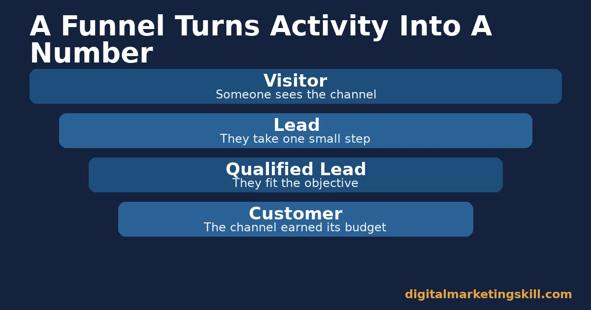 Digital marketing mistakes funnel diagram showing visitor, lead, qualified lead and customer as four narrowing steps