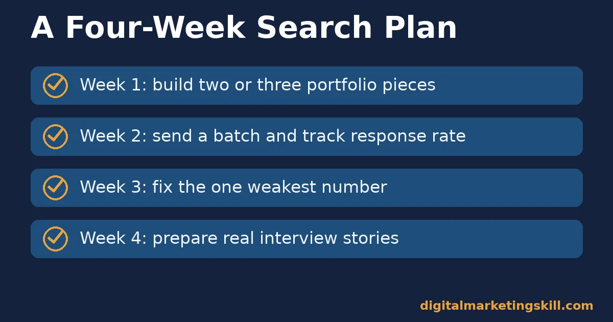 A four-week plan for digital marketing recruitment Checklist with four weekly steps for working through digital marketing recruitment: build a portfolio, send a batch, fix the weakest number, prepare interview stories