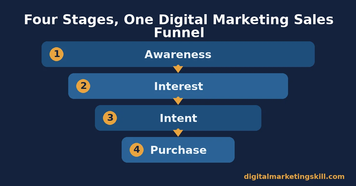 Diagram of the four stages of a digital marketing sales funnel: awareness, interest, intent, purchase