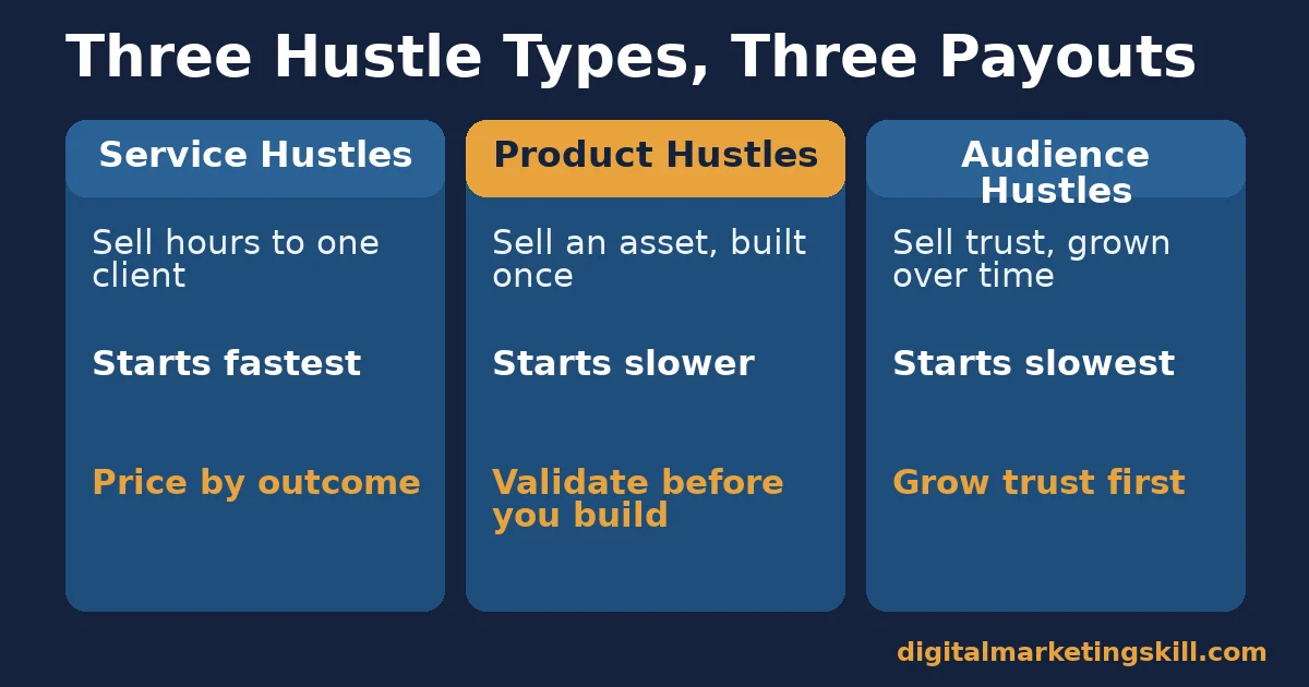 Digital marketing side hustles comparison of service, product and audience types: how each sells, how fast it starts, and how to price or grow it