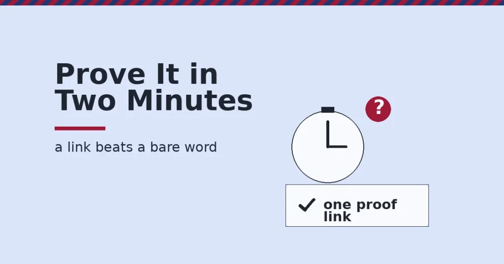 Illustration of a stopwatch next to a checklist card, showing how to prove a digital marketing skill with one proof link instead of an unproven claim