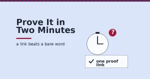 Illustration of a stopwatch next to a checklist card, showing how to prove a digital marketing skill with one proof link instead of an unproven claim
