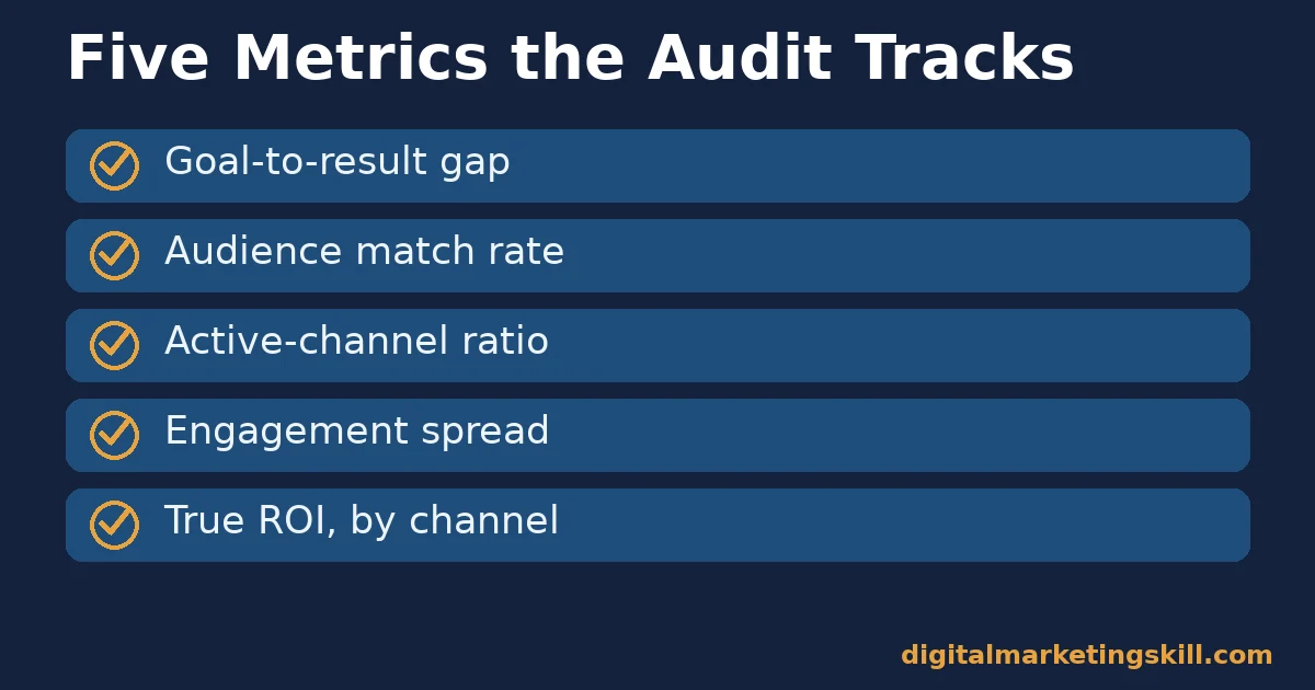 Digital marketing strategy audit checklist with five metrics: goal-to-result gap, audience match rate, active-channel ratio, engagement spread, true ROI by channel
