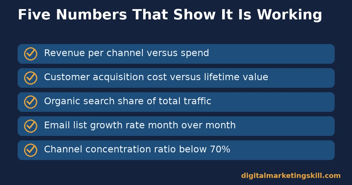 Digital marketing strategy checklist of five metrics: revenue per channel, acquisition cost, organic share, list growth, and concentration ratio