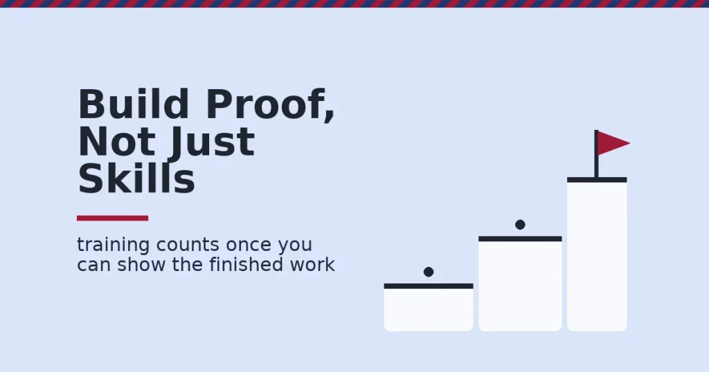 Digital marketing training shown as three rising steps with a flag on the top step representing proof of skill