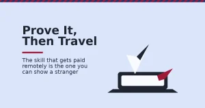 Illustration of a laptop with one proven digital nomad skill taking off successfully and one unproven skill stalling
