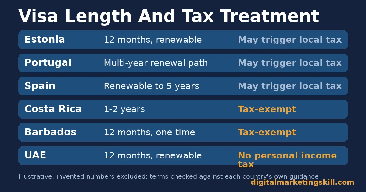 Digital nomad visa length and tax treatment Table comparing digital nomad visa length and whether it triggers local tax across Estonia, Portugal, Spain, Costa Rica, Barbados and the UAE