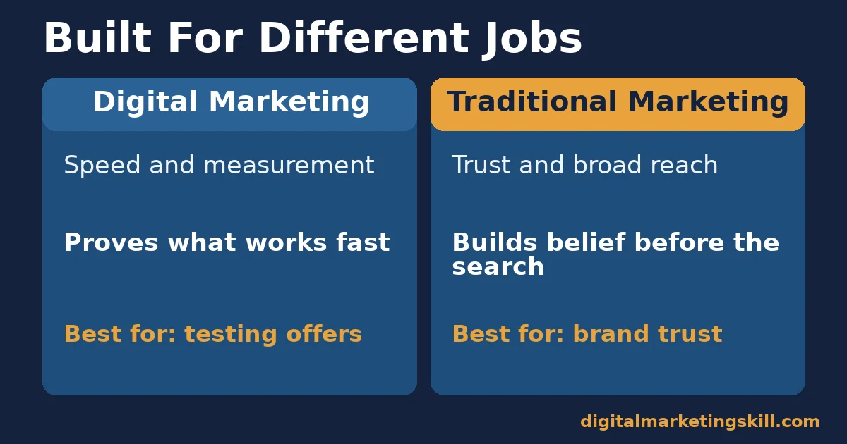 What digital vs traditional marketing are each built for Digital vs traditional marketing comparison: digital built for speed and measurement, traditional built for trust and broad reach