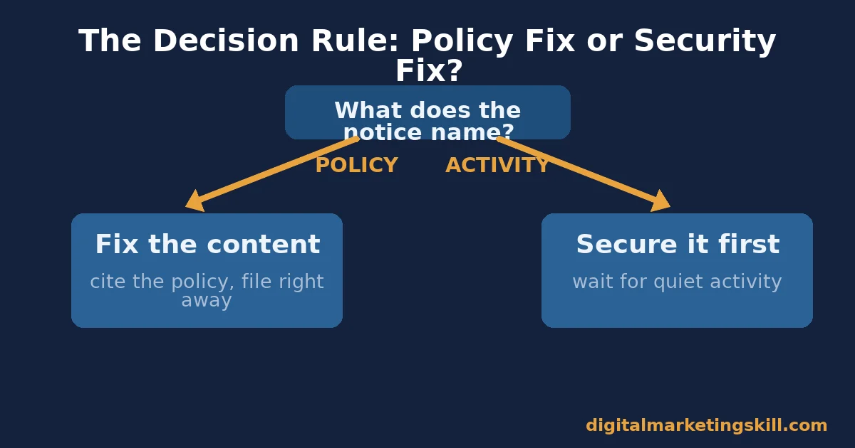 Disabled Facebook Ad Account: The Decision Rule Flowchart Flowchart for deciding whether a disabled Facebook ad account needs a content fix or a security fix
