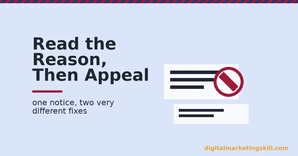 Illustration of a disabled Facebook ad account showing an ad card with a crimson no-entry disabled icon
