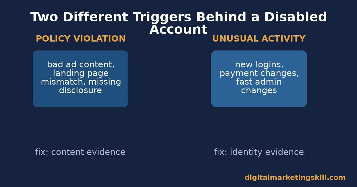 Disabled Facebook Ad Account: Two Different Triggers Diagram showing the two causes of a disabled Facebook ad account: policy violations and unusual activity