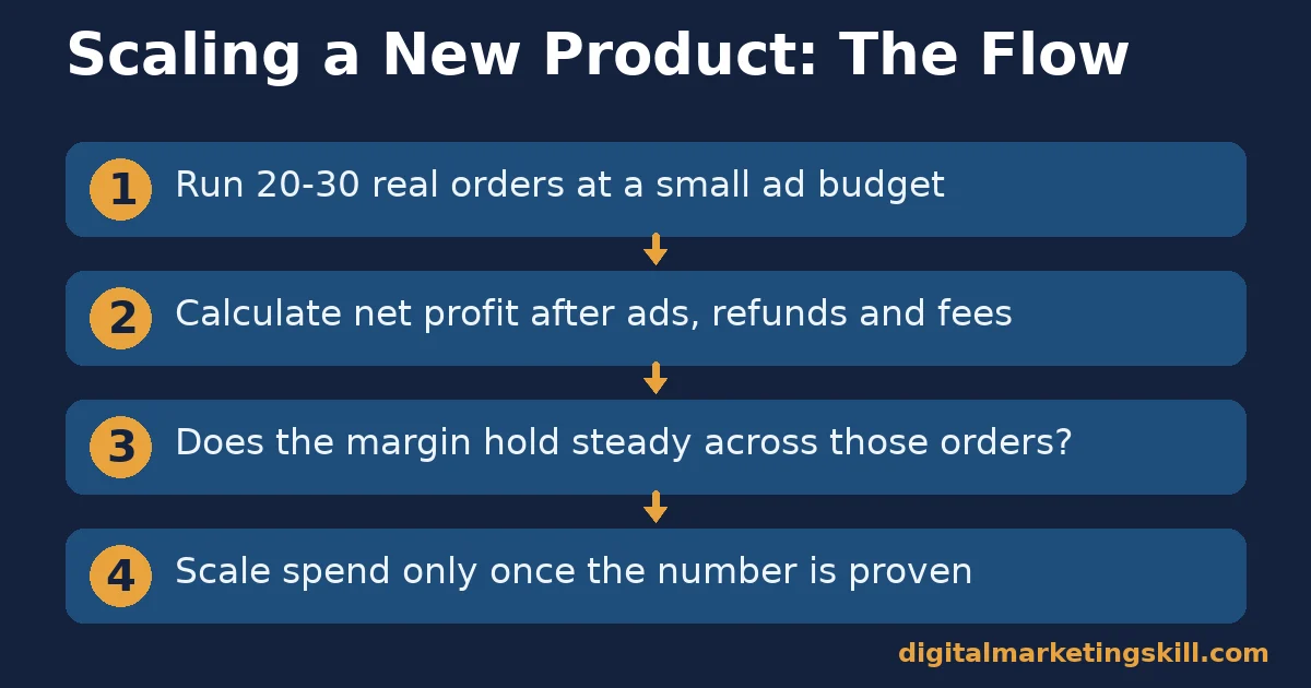 Four-step flow diagram for scaling a dropshipping business product: run real orders, calculate net profit, check if the margin holds, then scale spend