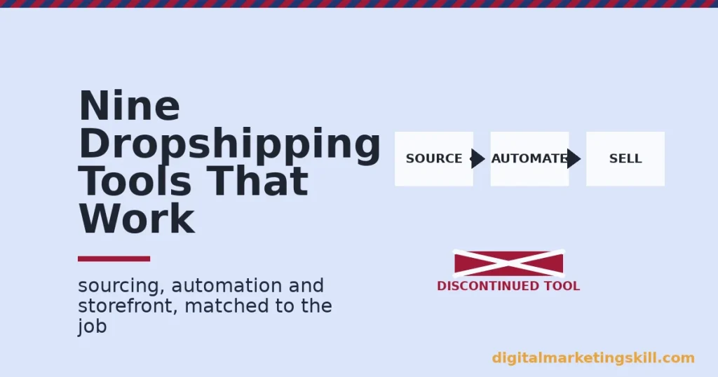 Illustration for dropshipping tools showing source, automate and sell boxes with a discontinued tool crossed out