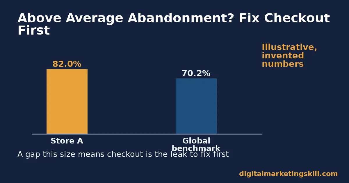 Bar chart comparing a store abandonment rate against the global benchmark to decide which e-commerce store features to fix first