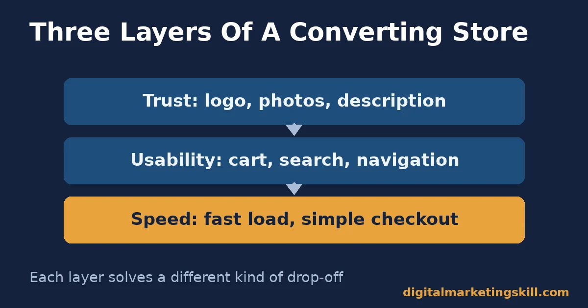 Diagram of the three layers of e-commerce store features: trust, usability, and speed