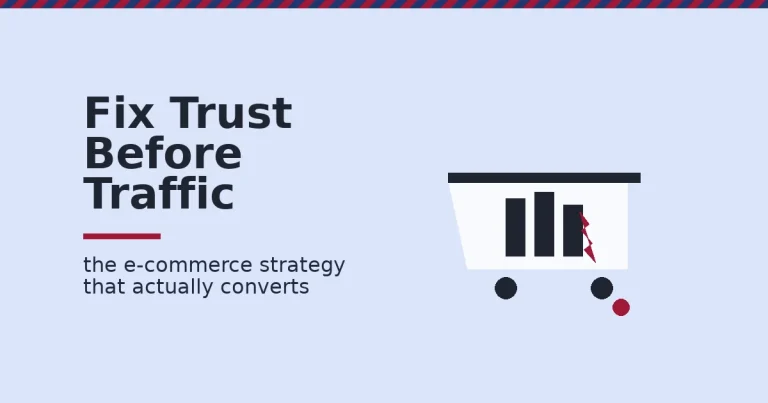 E-commerce strategies shown as a shopping cart with a crimson crack leaking a dropped item