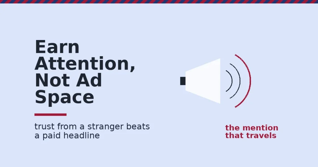 Illustration of earned media as a megaphone with sound waves, one in crimson reaching further to show a mention that travels