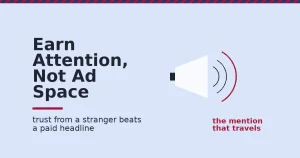 Illustration of earned media as a megaphone with sound waves, one in crimson reaching further to show a mention that travels