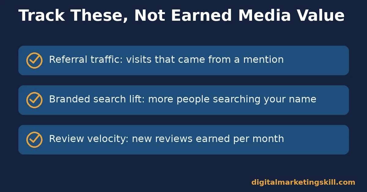 Checklist of three earned media metrics to track instead of Earned Media Value: referral traffic, branded search lift and review velocity