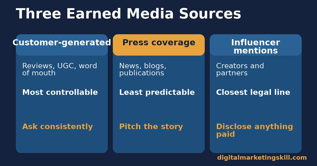 Comparison of three earned media sources: customer-generated, press coverage and influencer mentions, with the right approach for each