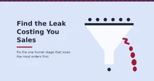 Ecommerce sales funnel illustration with shoppers entering a funnel and orders leaking out through a crack in its side