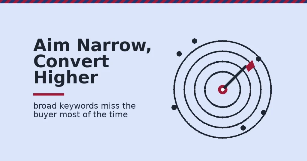 Effective SEO keywords shown as a dart hitting a precise crimson bullseye while several broad shots miss around the target