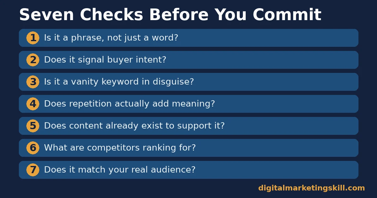 Seven checks for choosing effective SEO keywords Seven numbered checks for choosing effective SEO keywords: phrase not word, buyer intent, vanity keyword, repetition, content fit, competition, audience match