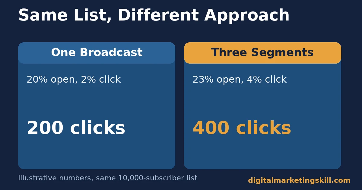 Email campaign optimization illustrative example Comparison for email campaign optimization showing an illustrative example of one broadcast producing 200 clicks against three segments producing 400 clicks from the same list